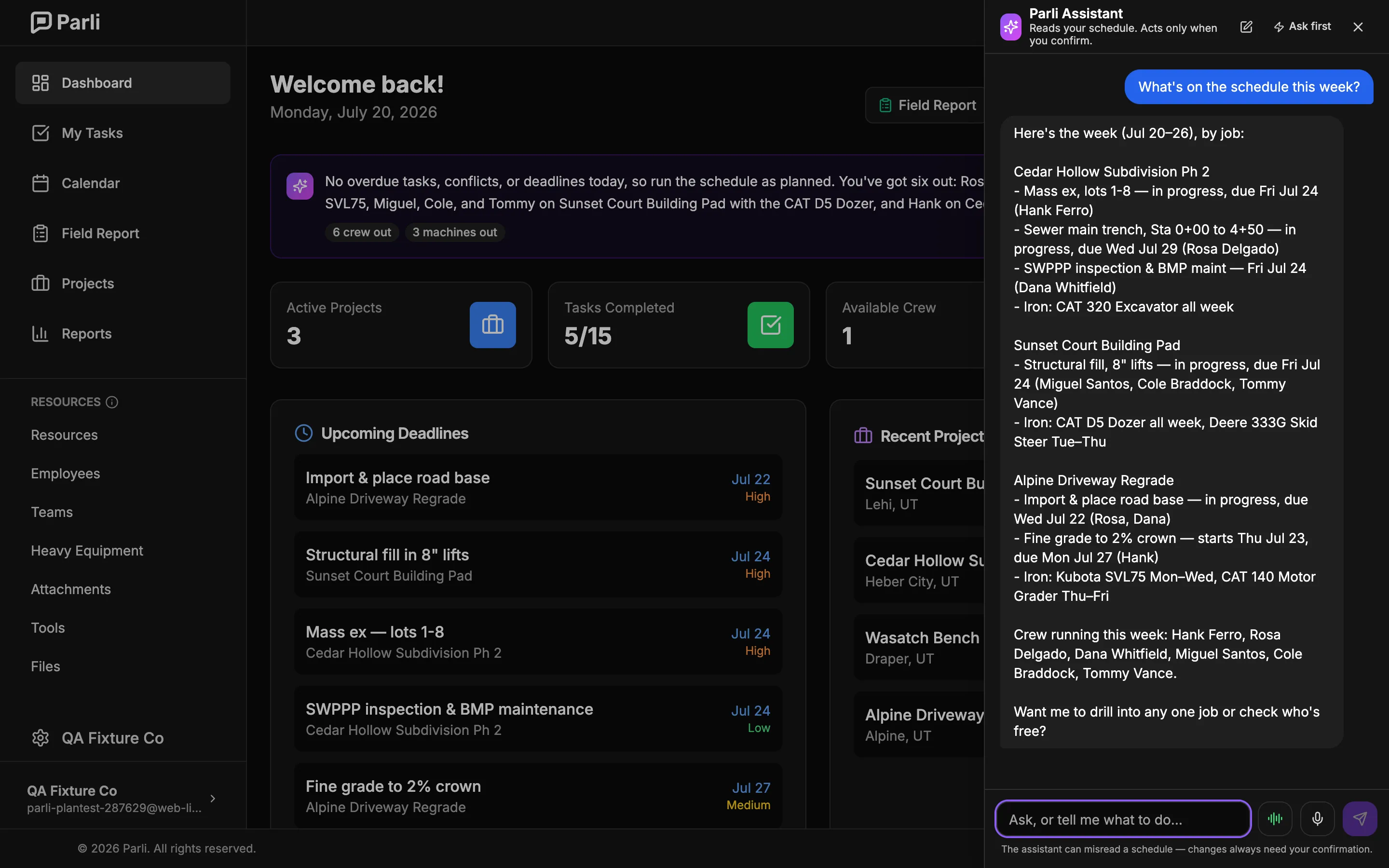 Parli Assistant chat panel summarizing the week’s schedule by job next to the dashboard