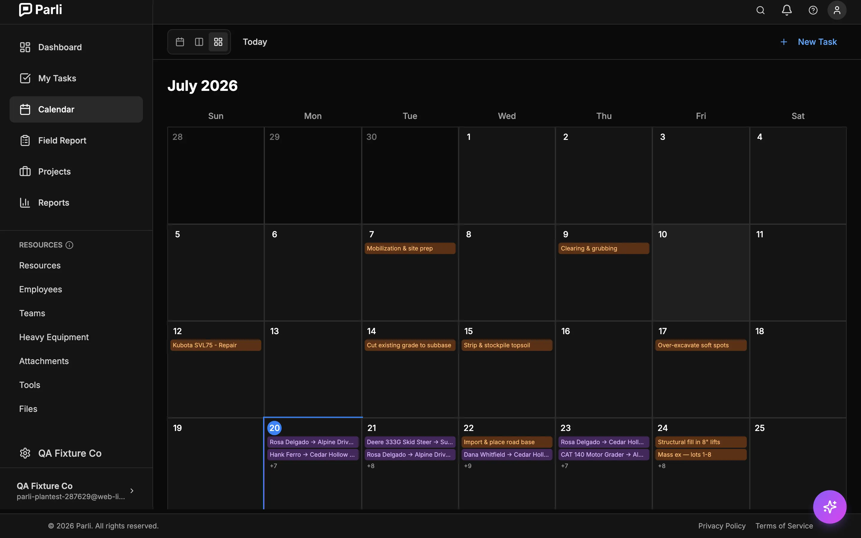Month calendar loaded with crew and equipment assignments