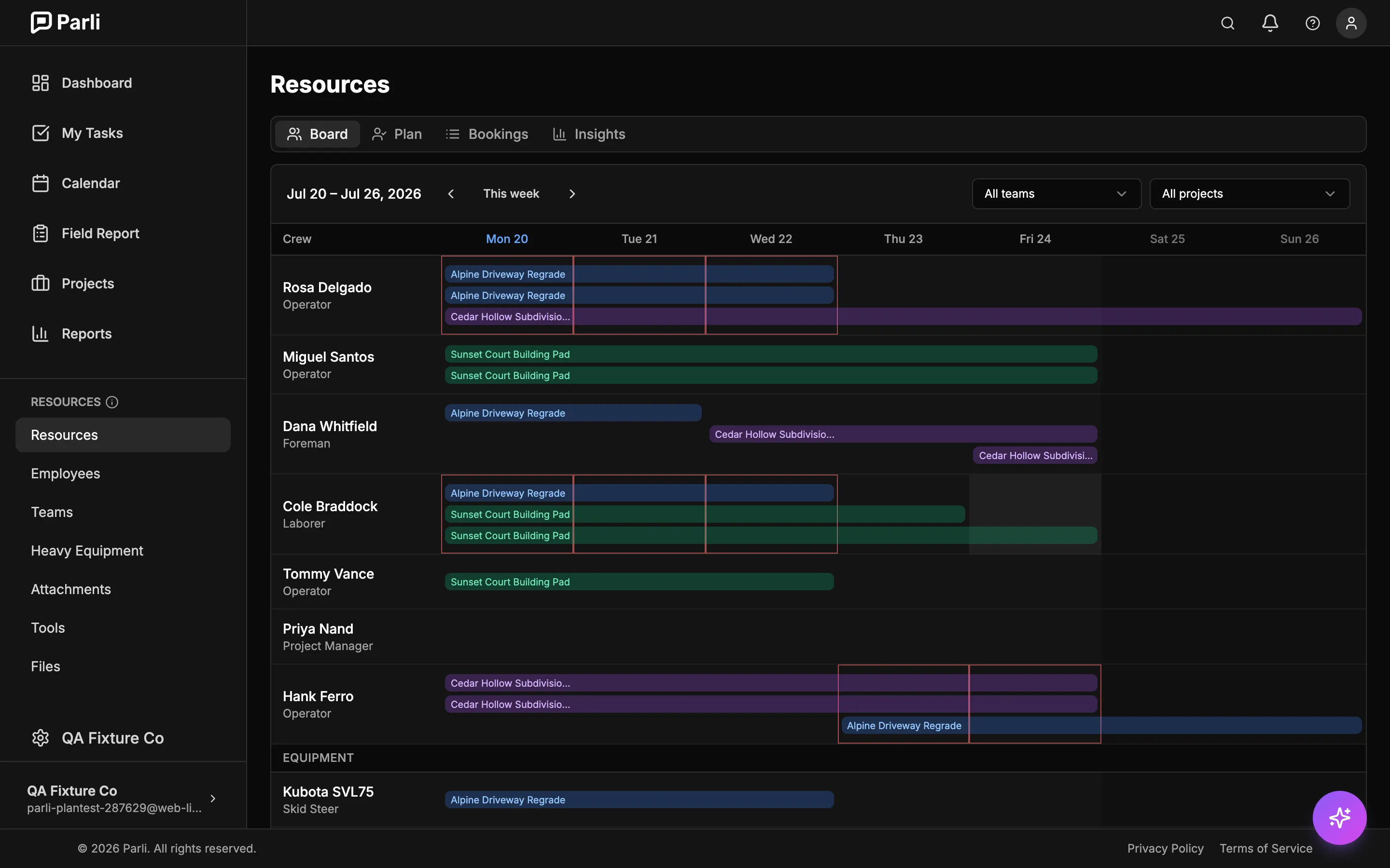 Parli dispatch board showing crew members and equipment scheduled across a week