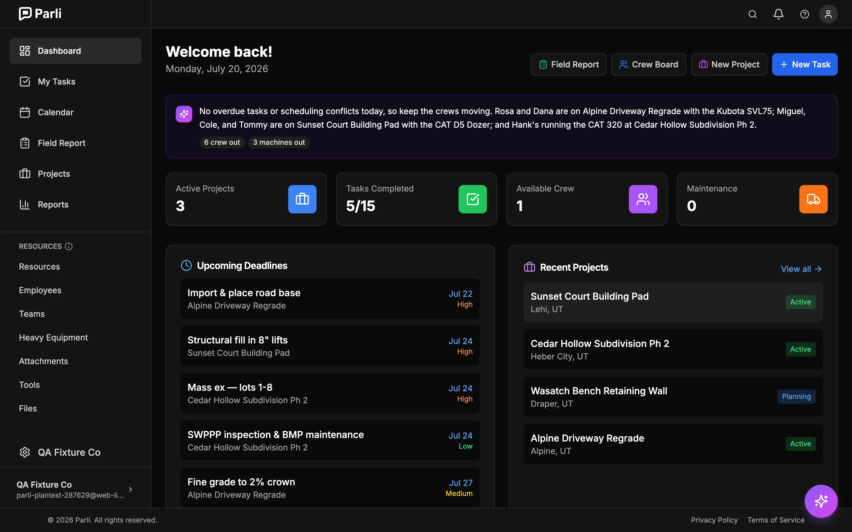 Parli dashboard at dawn with AI digest, deadlines, and active projects
