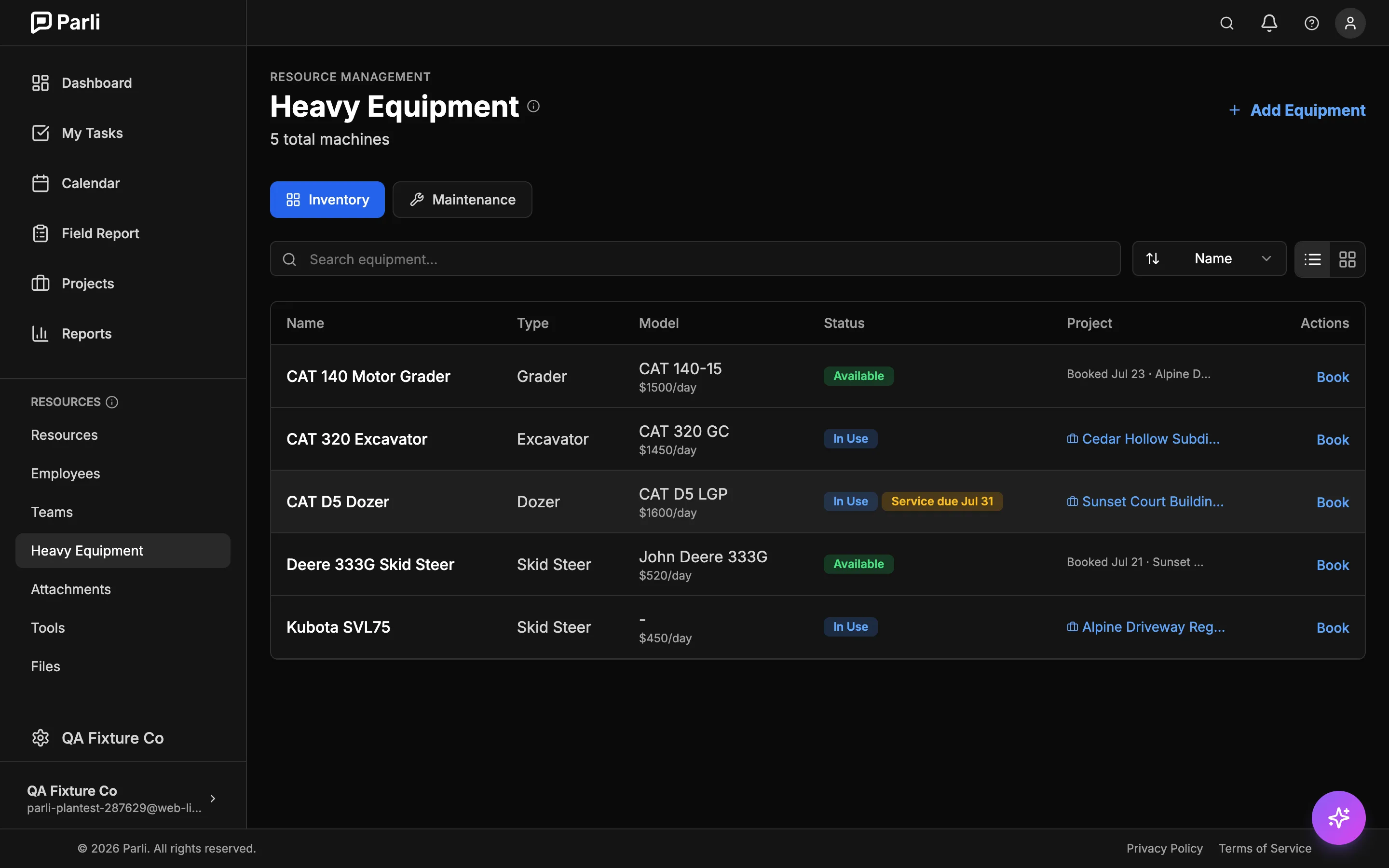 Parli heavy equipment inventory with excavators, dozer, grader, and skid steer