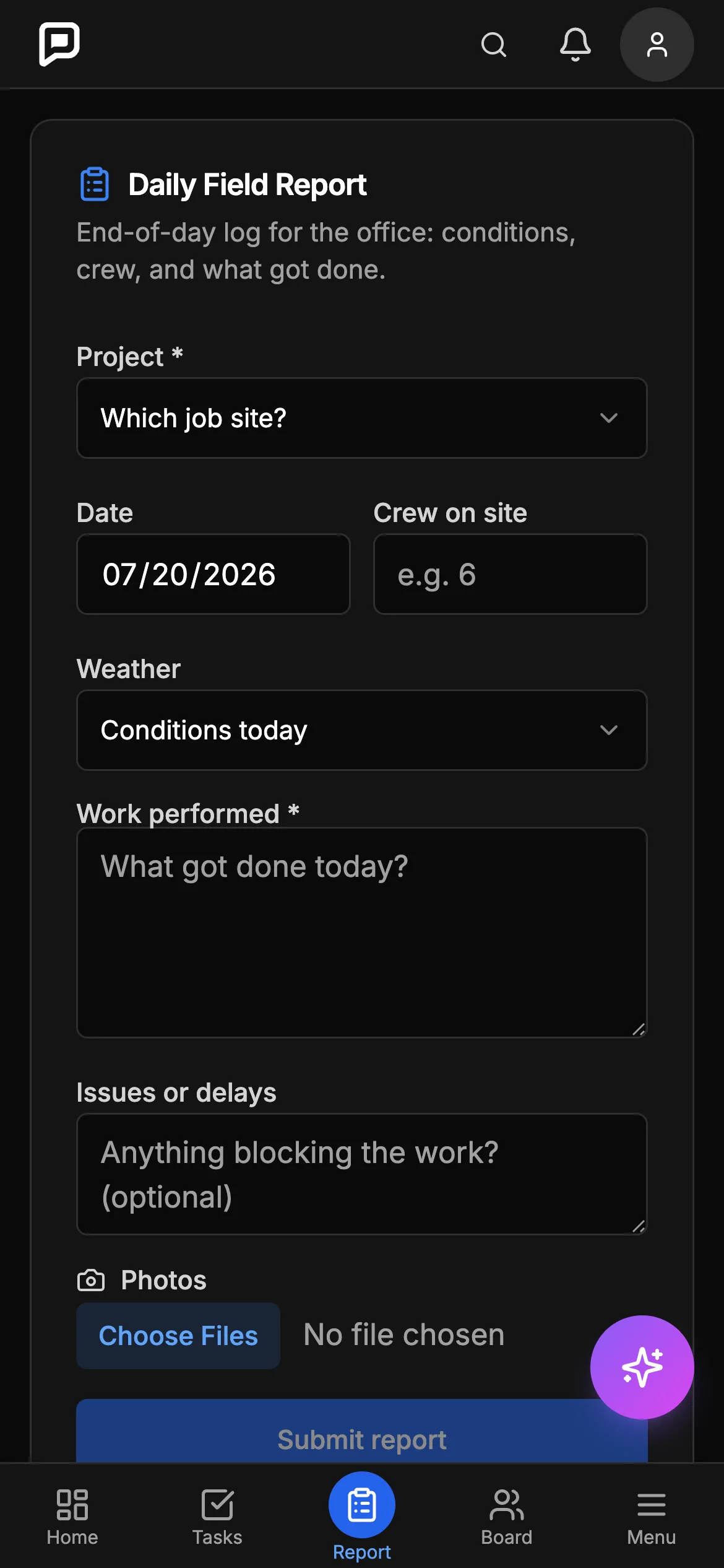 Parli daily field report form on a phone: job site, conditions, crew on site, work performed