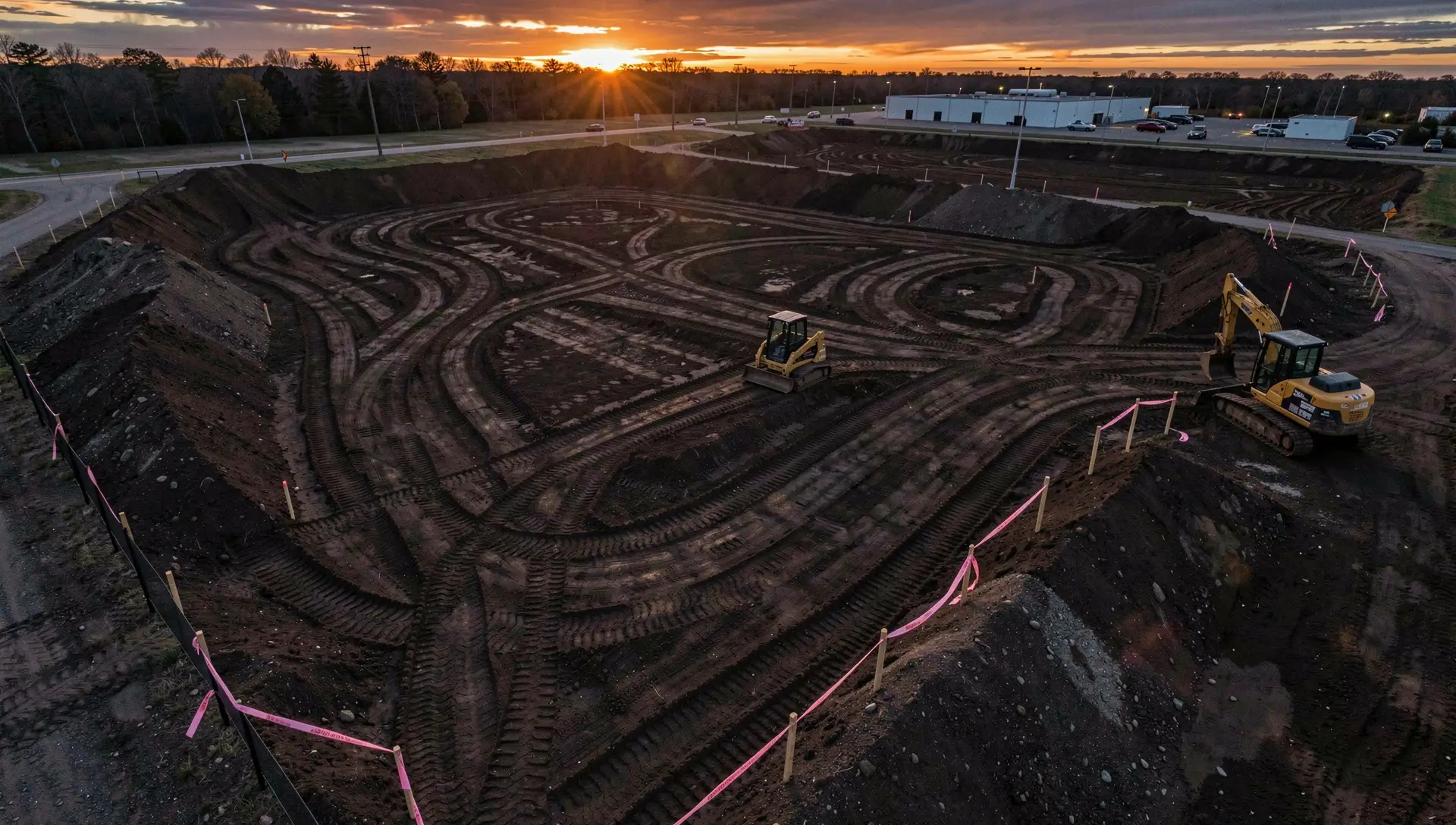 Freshly graded building pad at dusk with grade stakes and parked equipment