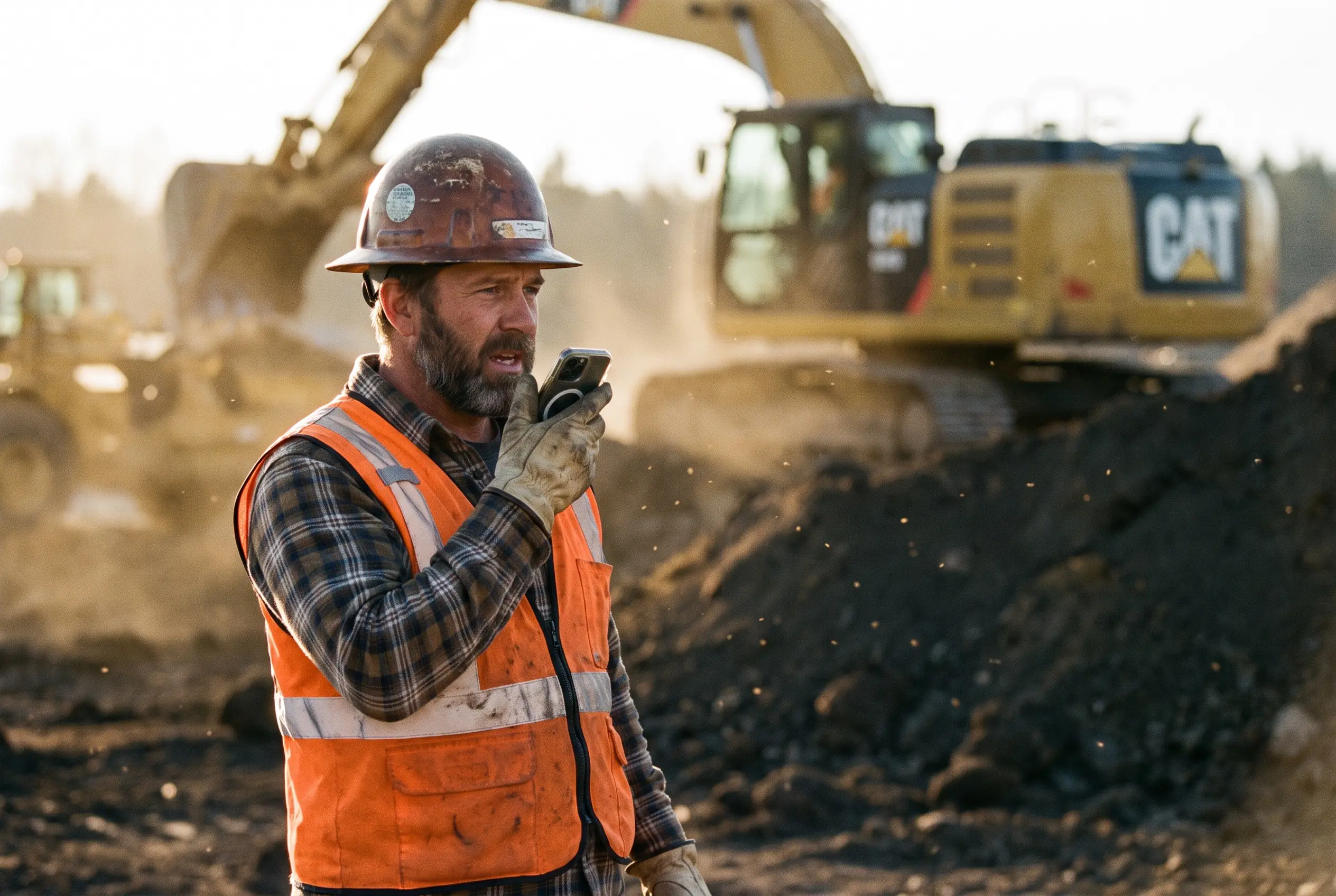 Construction superintendent on a dusty jobsite holding his phone up and speaking into it, excavator working behind him