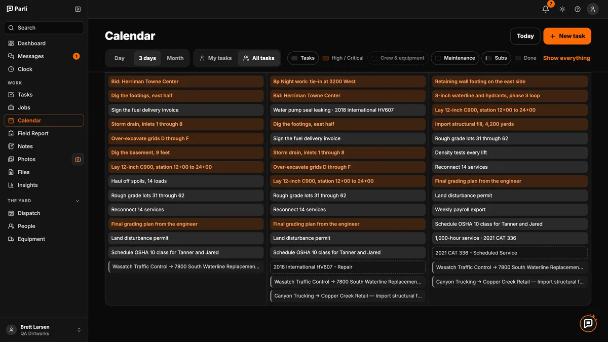 Parli's calendar in 3-day view showing tasks, urgent ones in orange