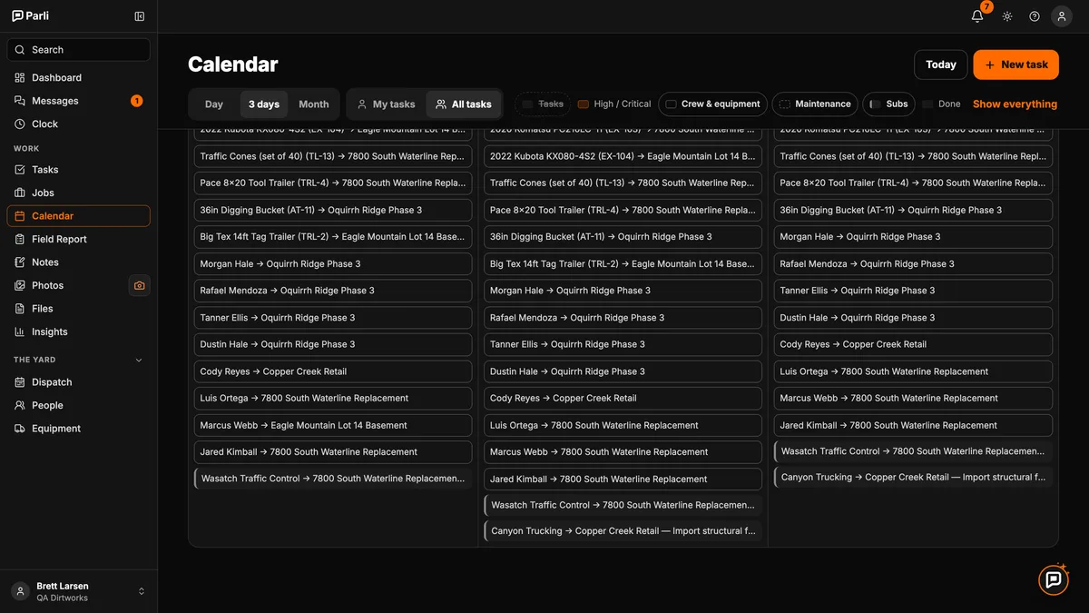 Parli's calendar in 3-day view showing crew and equipment bookings by job