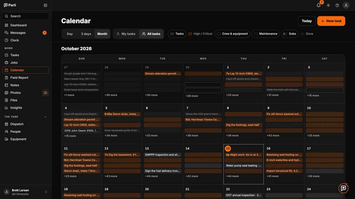 Parli's calendar in month view with tasks and bookings from every job