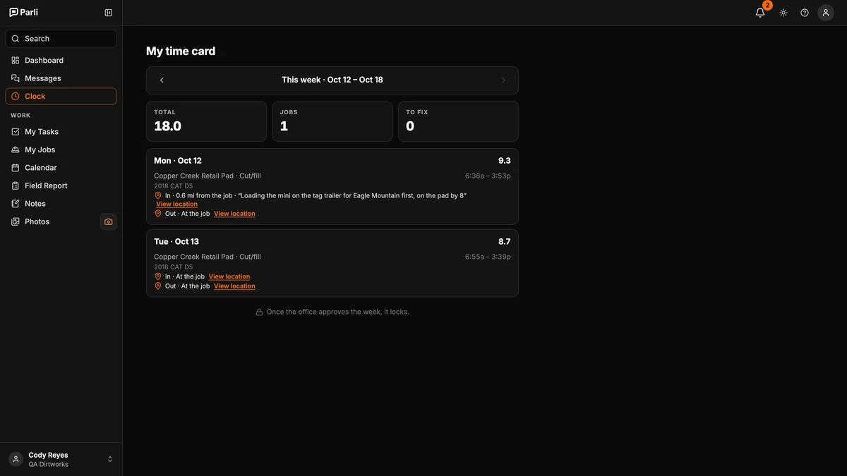 A crew member's time card in Parli on a computer, with every punch, its job and where it was made