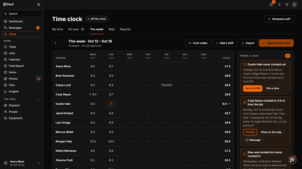 Parli time clock on a computer: the week of hours for every crew member, with a Needs a look list for missed clock-outs