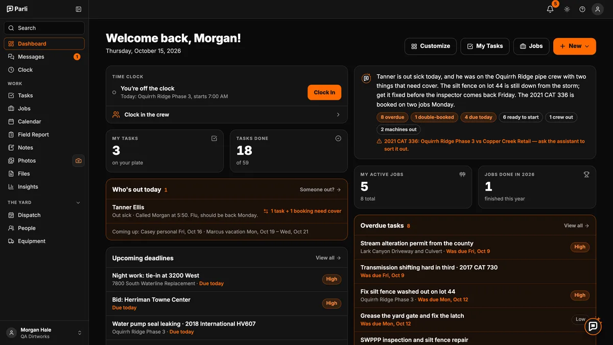 A foreman's Parli dashboard with Clock in the crew and the morning note