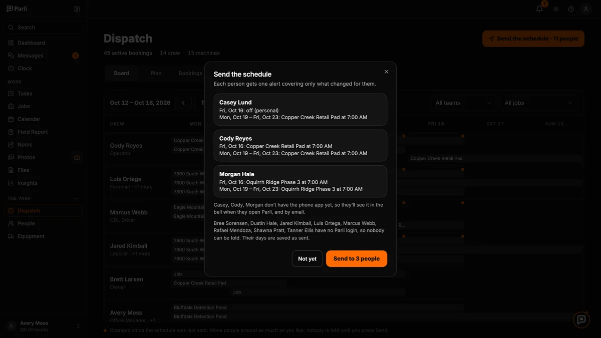 The Send the schedule window in Parli on a computer, previewing each person's changes before anything goes out