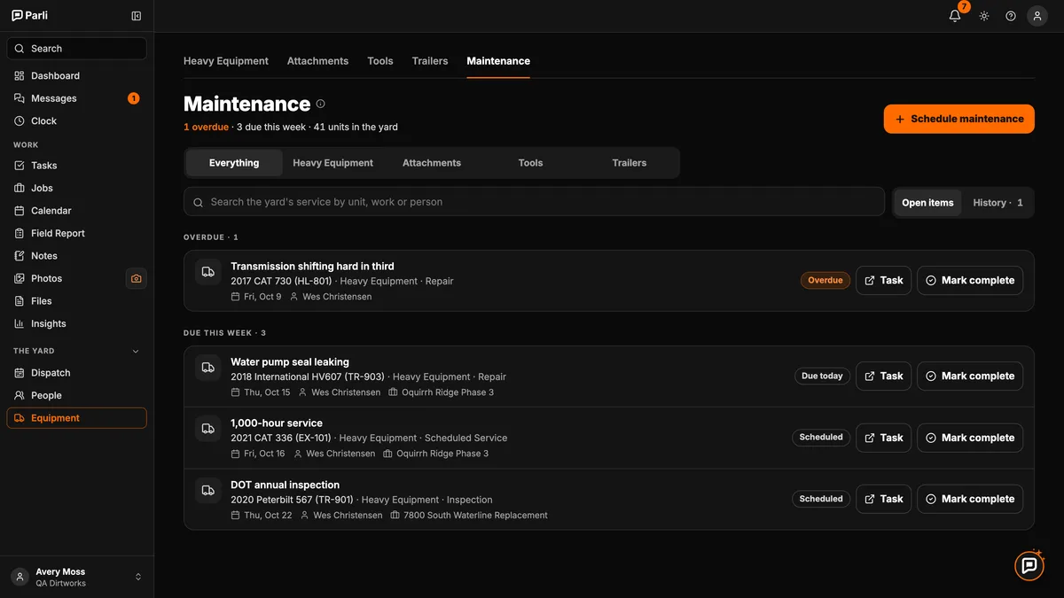 Parli's maintenance board showing one overdue repair and three services due this week