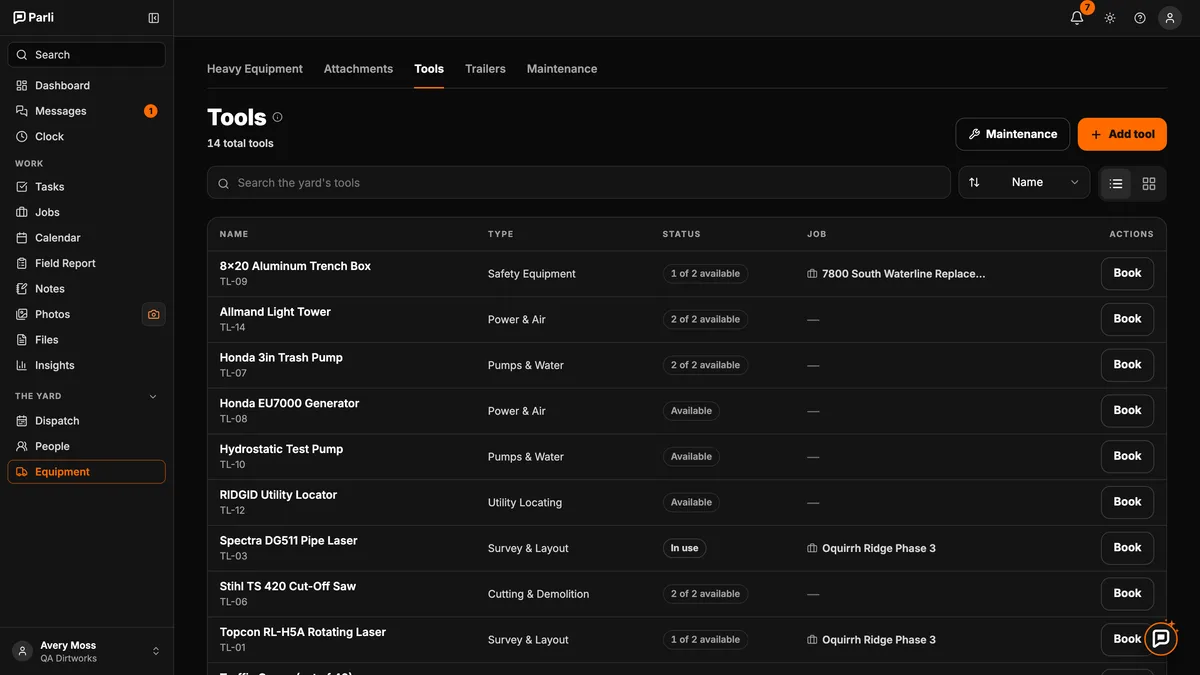 Parli's tools list showing how many of each tool are available