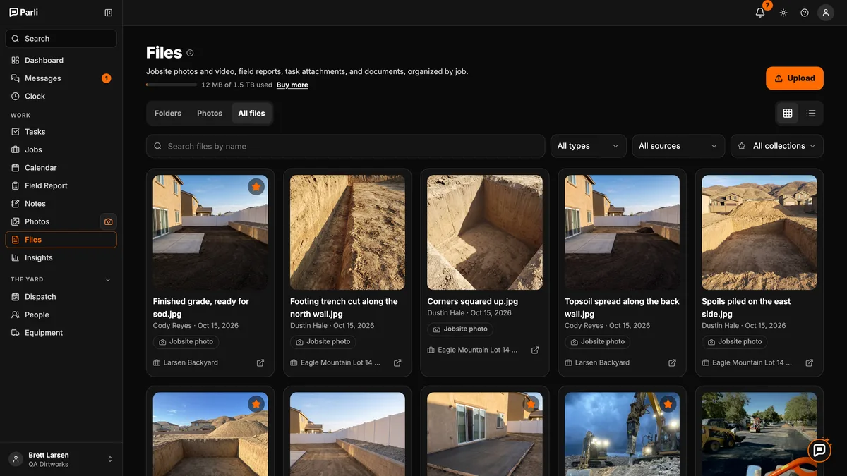 Parli's All files view with photos from every job