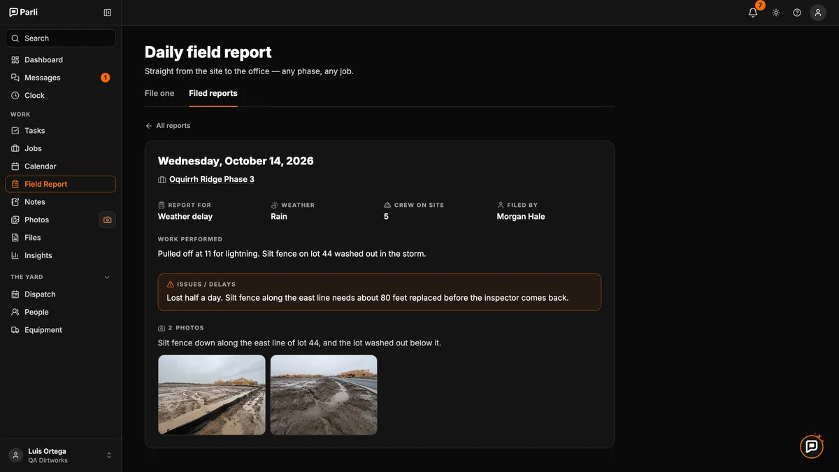 A Parli weather delay report with rain, a crew of five and two photos of a washed-out silt fence