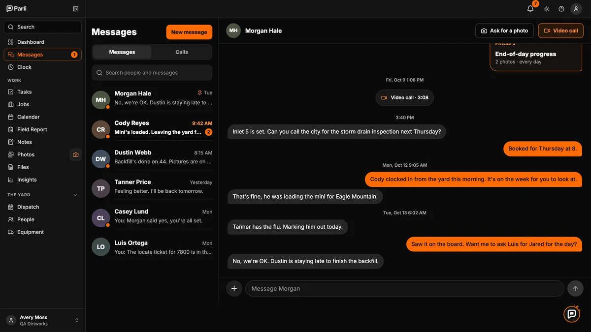 Parli Messages on a computer with the Video call button at the top of the conversation