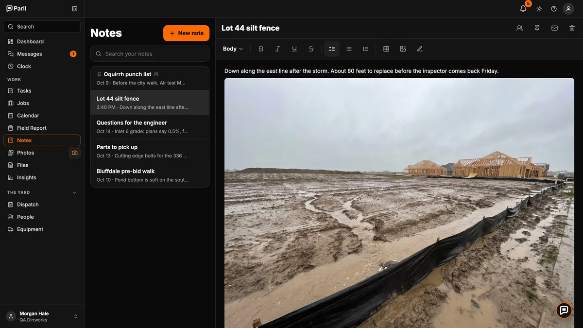 A Parli note about the lot 44 silt fence with a photo of the washed-out fence