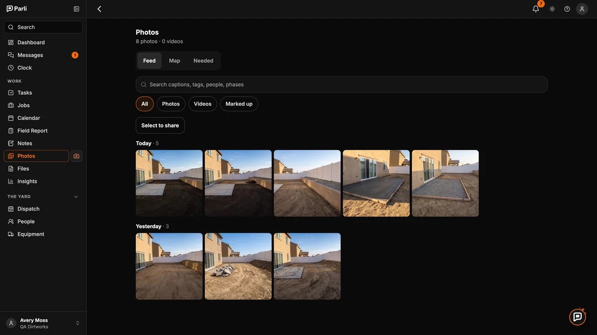 A job's photos in Parli on a computer, with feed, map and needed tabs and a search across captions, tags and people