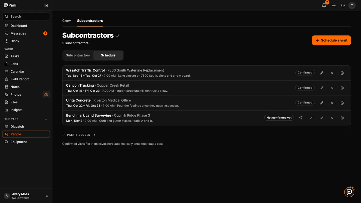 Parli's subcontractor schedule with three confirmed visits and one not confirmed yet