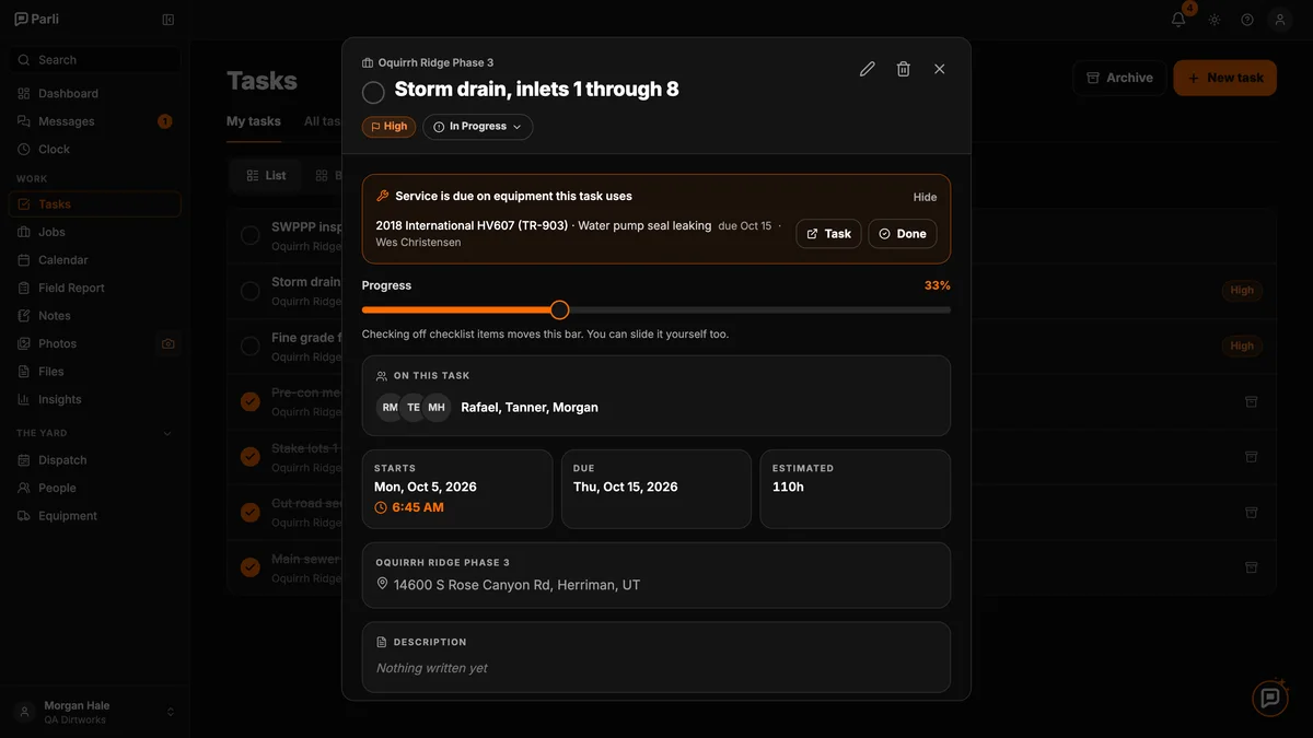 An open task in Parli on a computer, with progress, people, dates and a service warning