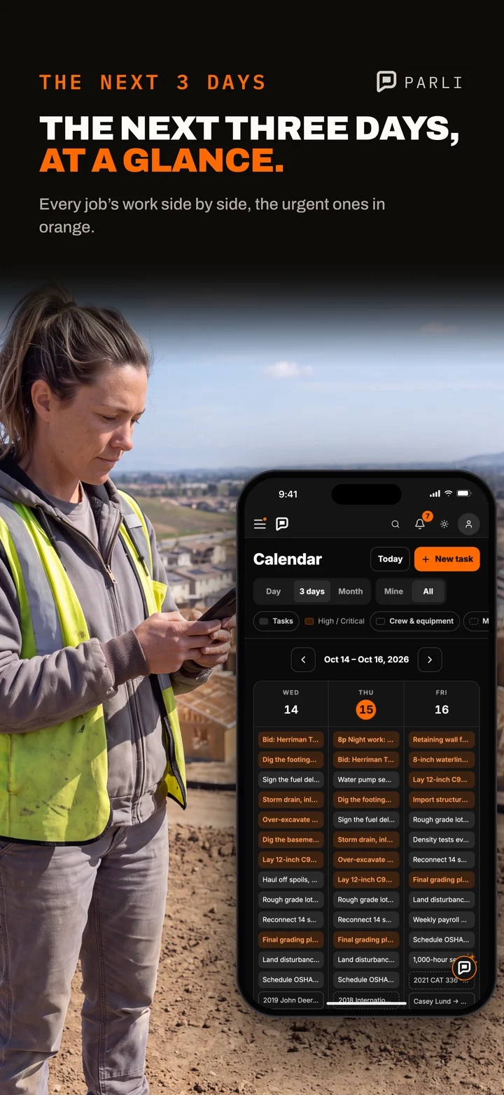 A crew member on a hillside checks the 3-day view of Parli's calendar