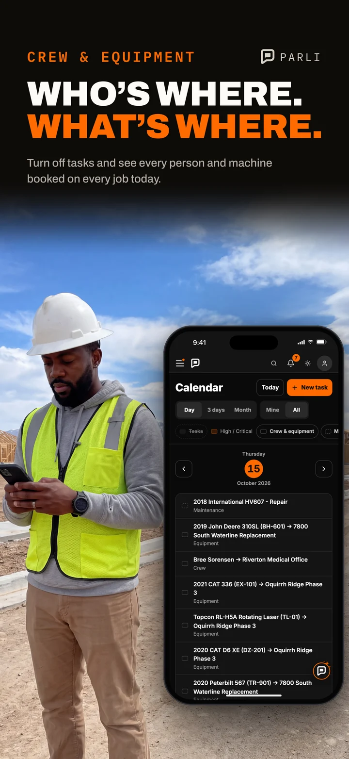 Parli's calendar showing every person and machine booked on each job today