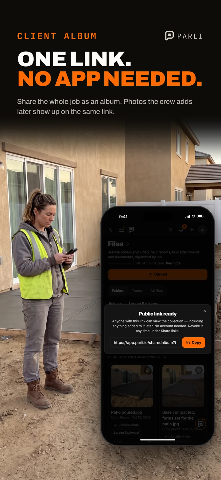 A shared job album link from Parli that the client opens without the app