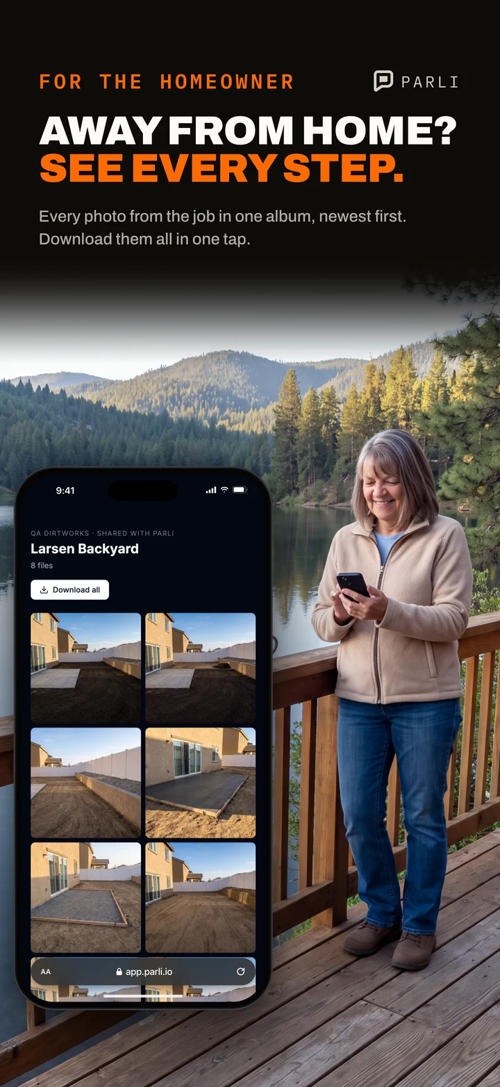 A homeowner looking through the job's photo album on a phone