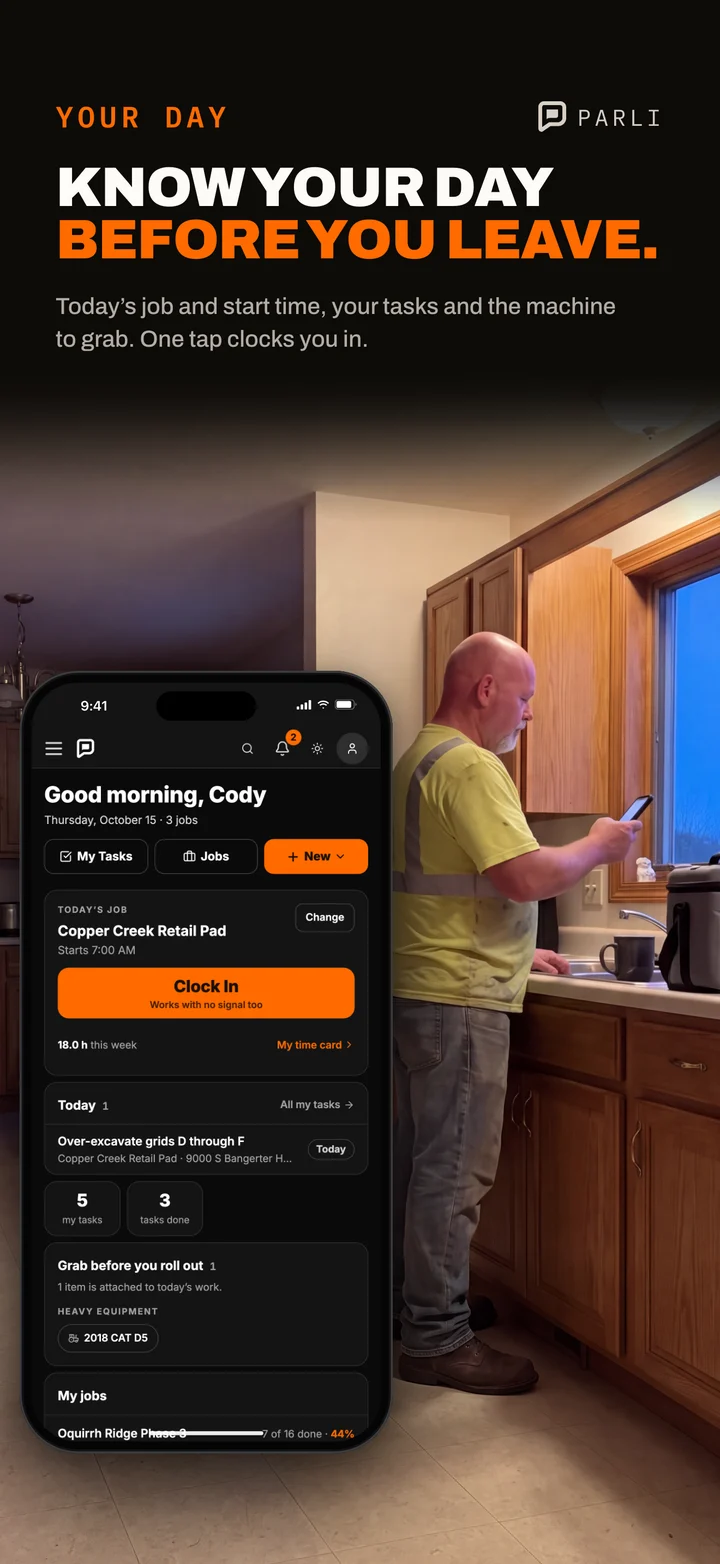 An operator in his kitchen at 6 AM checks his Parli crew dashboard: the job, the start time and what to bring