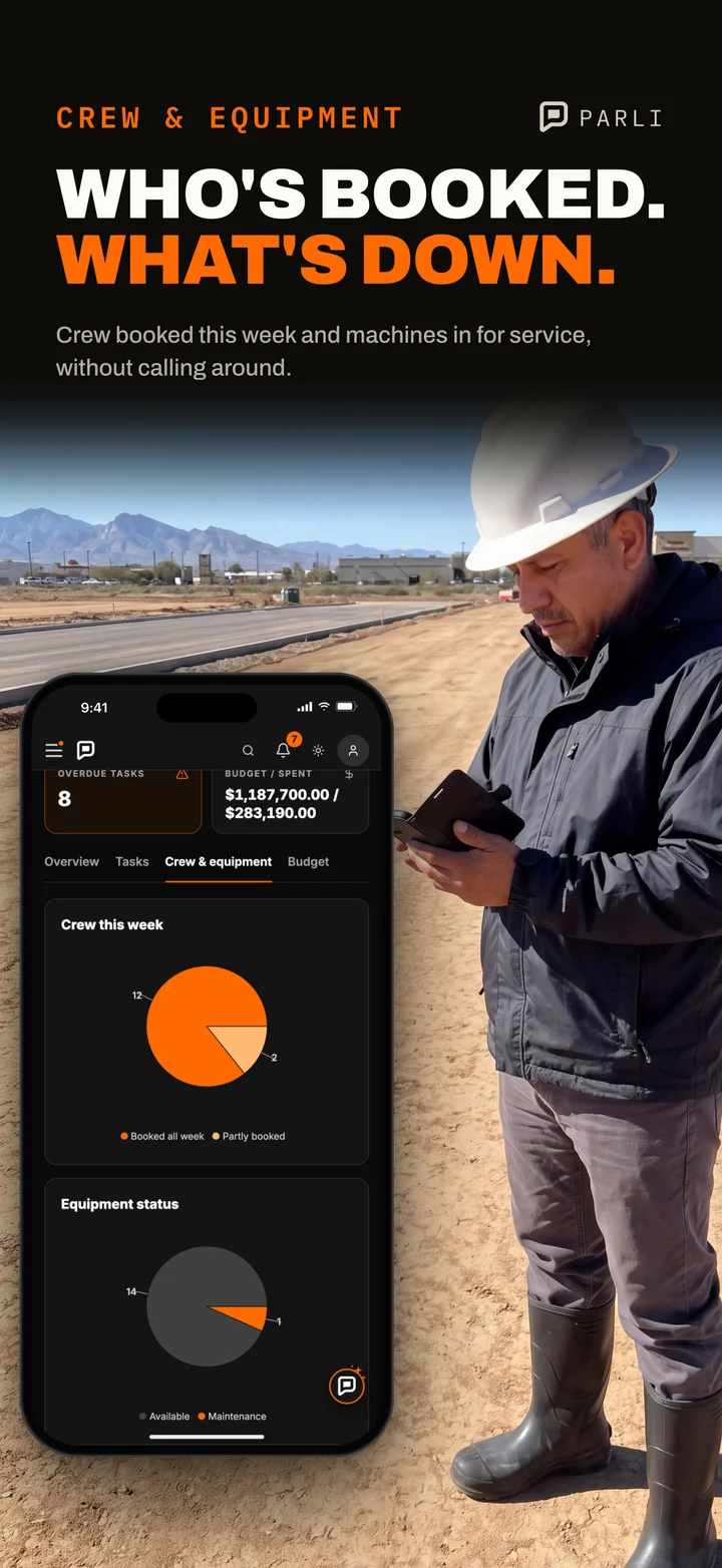 A superintendent at midday checks who is booked this week and which equipment is down