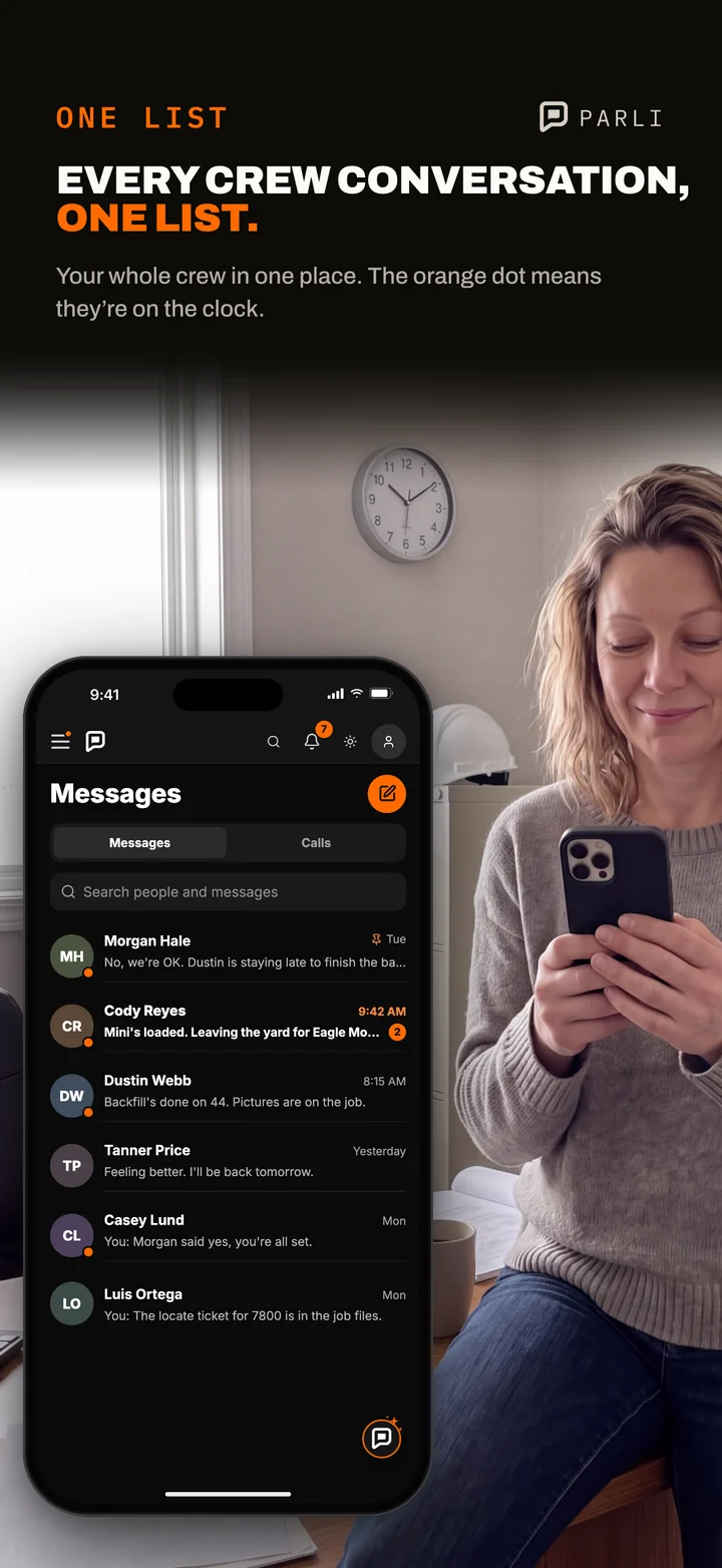 The Parli Messages list with every crew conversation, where an orange dot shows who is on the clock