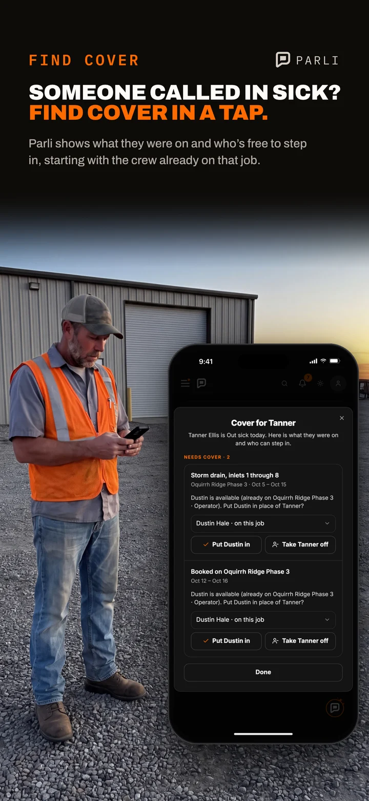 A foreman in the shop yard at dawn finds cover for a sick crew member in Parli