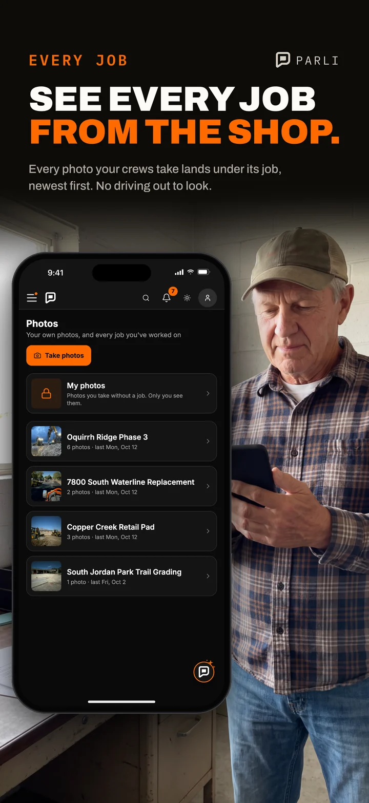 Parli's Photos screen listing every job with its newest photos