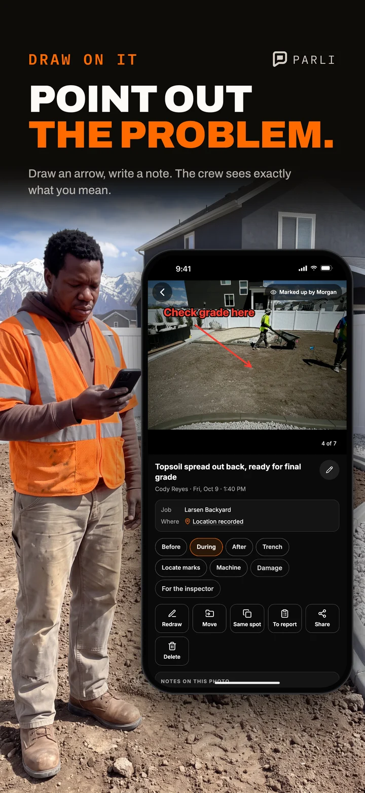 A jobsite photo in Parli marked up with an arrow and a note for the crew