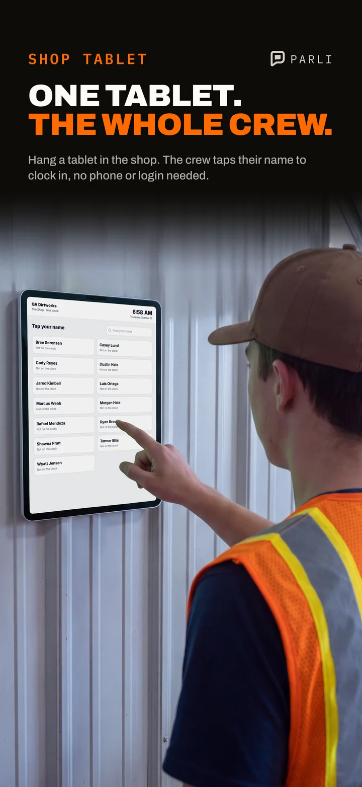 A tablet in the shop showing Parli's crew list, where each person taps their name to clock in
