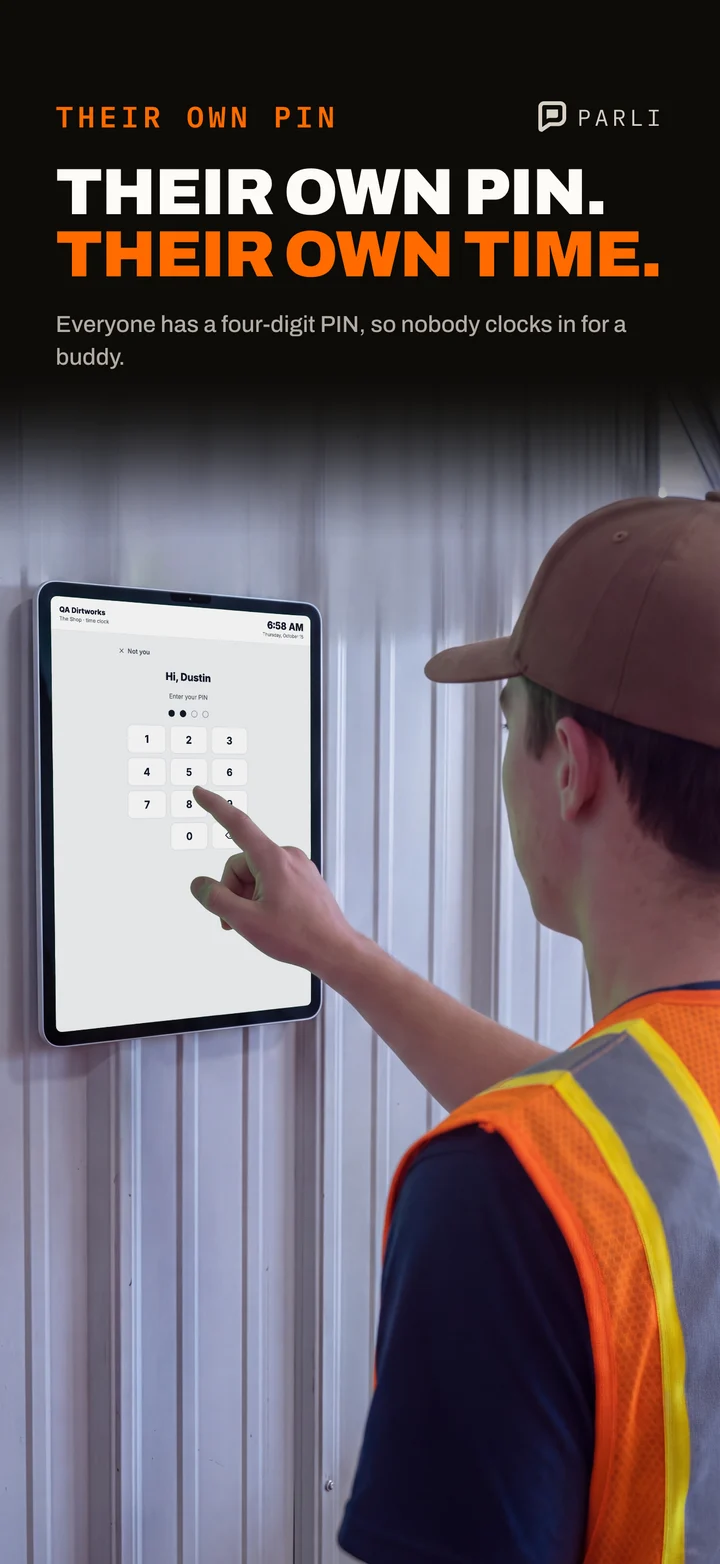 Parli's shop tablet asking for a four-digit PIN