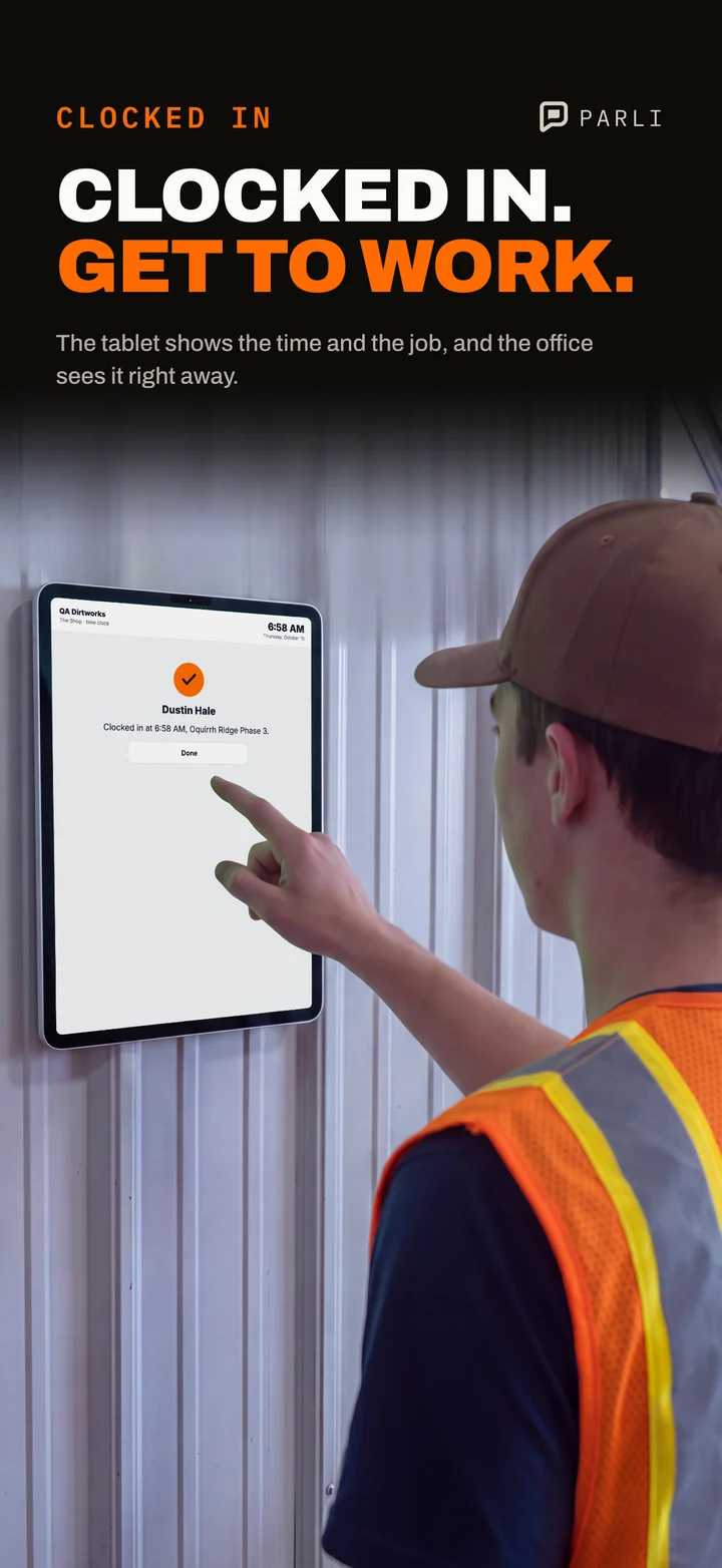 Parli's shop tablet confirming the clock-in with the time and the job