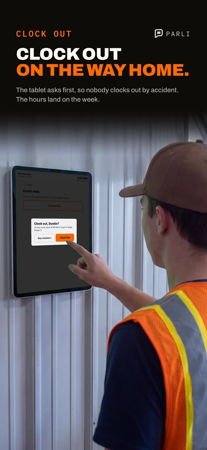 Parli's shop tablet asking to confirm before clocking out