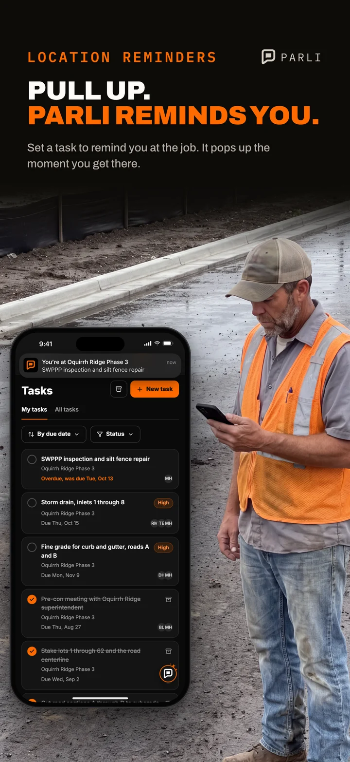 A foreman's task list in Parli with a reminder set for the job