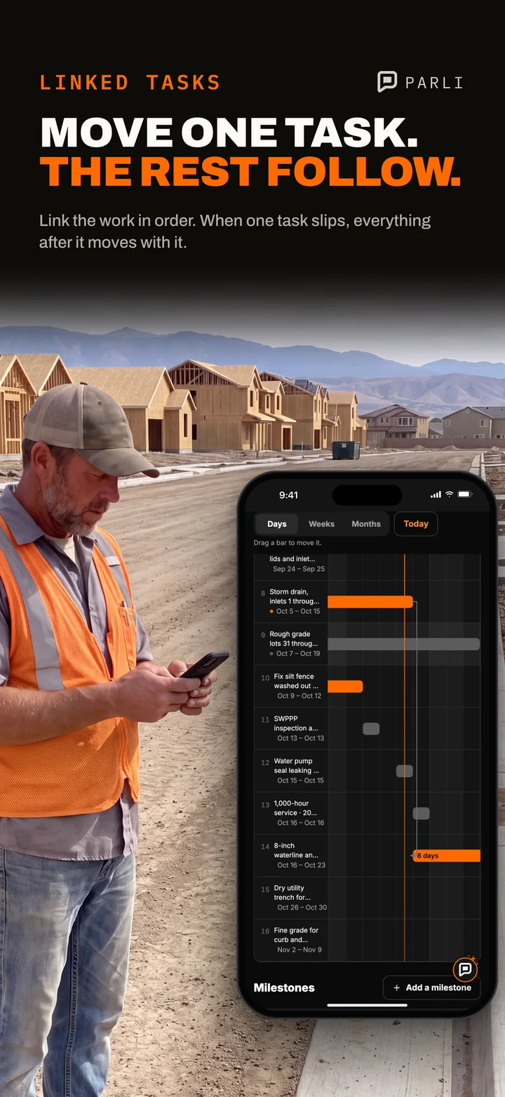 A foreman on a new street looks at linked tasks with arrows on the Parli Gantt chart