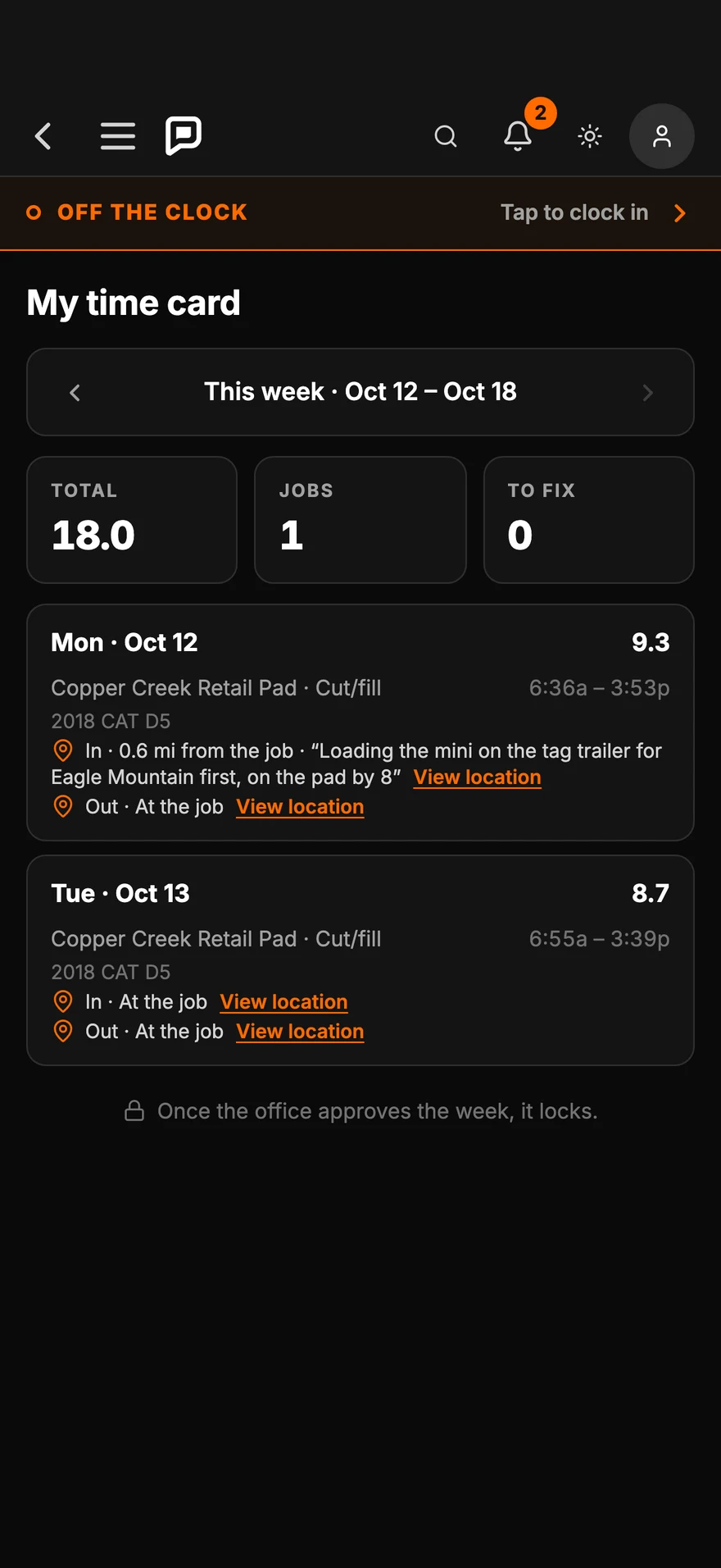 A crew member's time card for the week