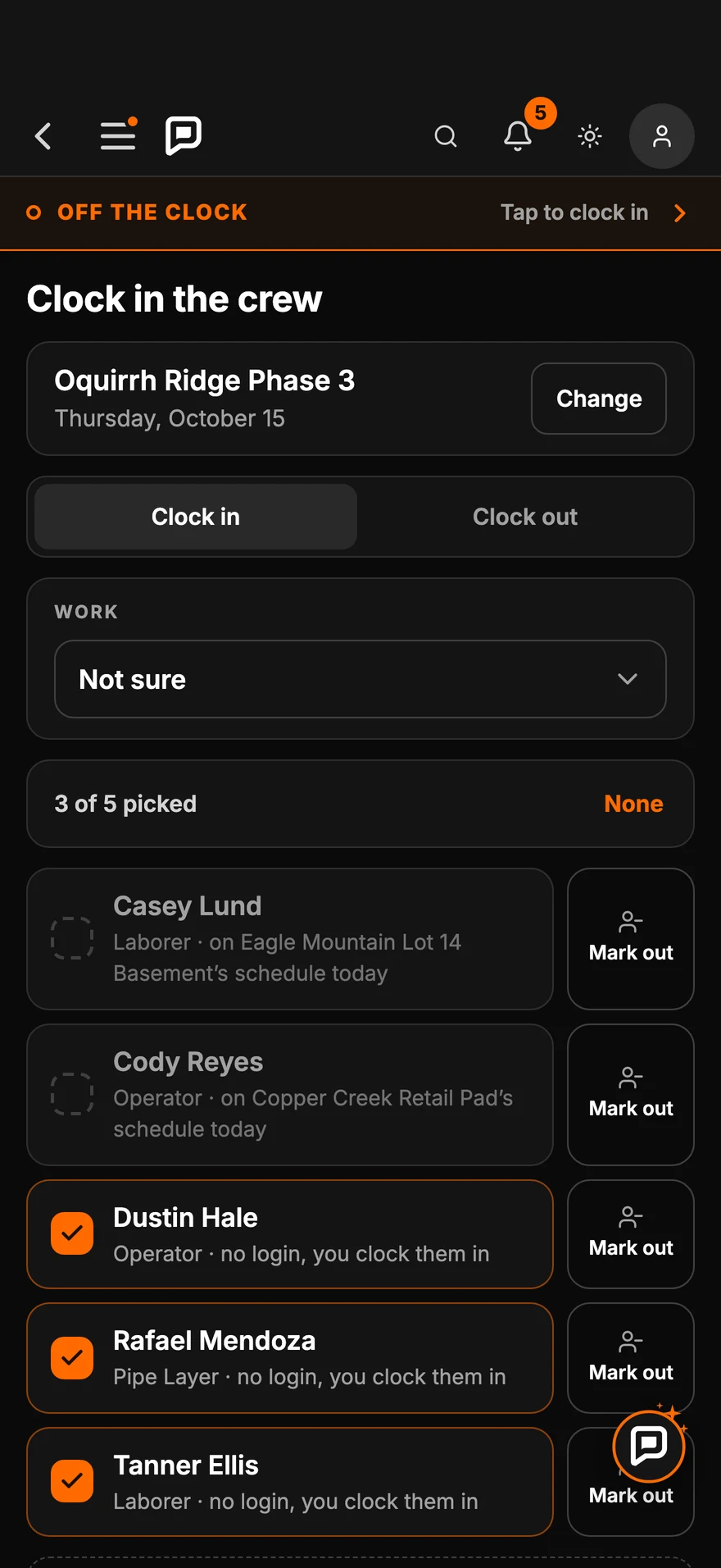 The foreman's Clock in the crew list