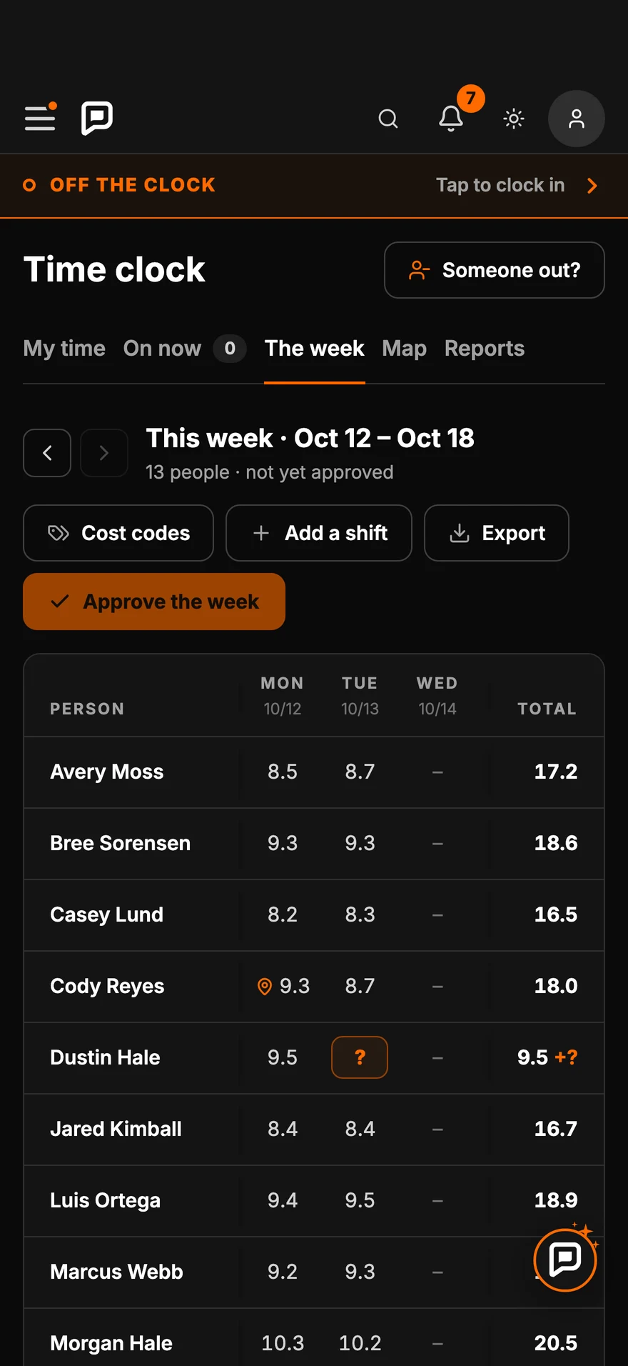 The office's week view with hours for everyone
