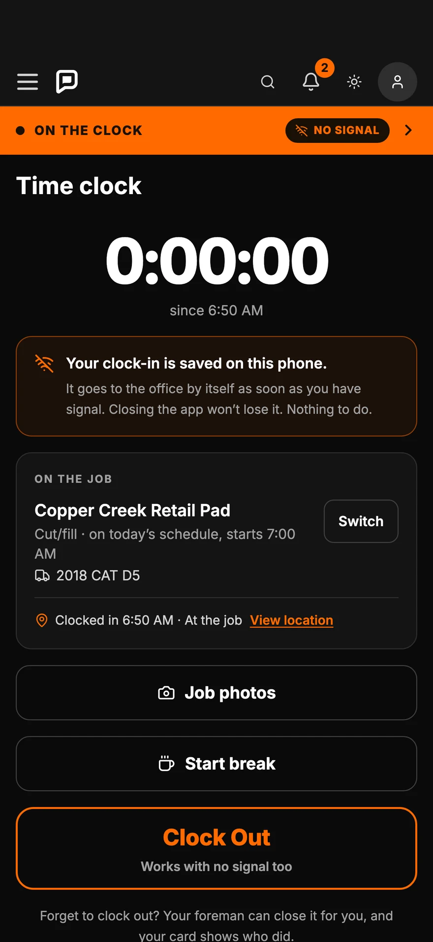 On the clock with no signal; the clock-in is saved on the phone