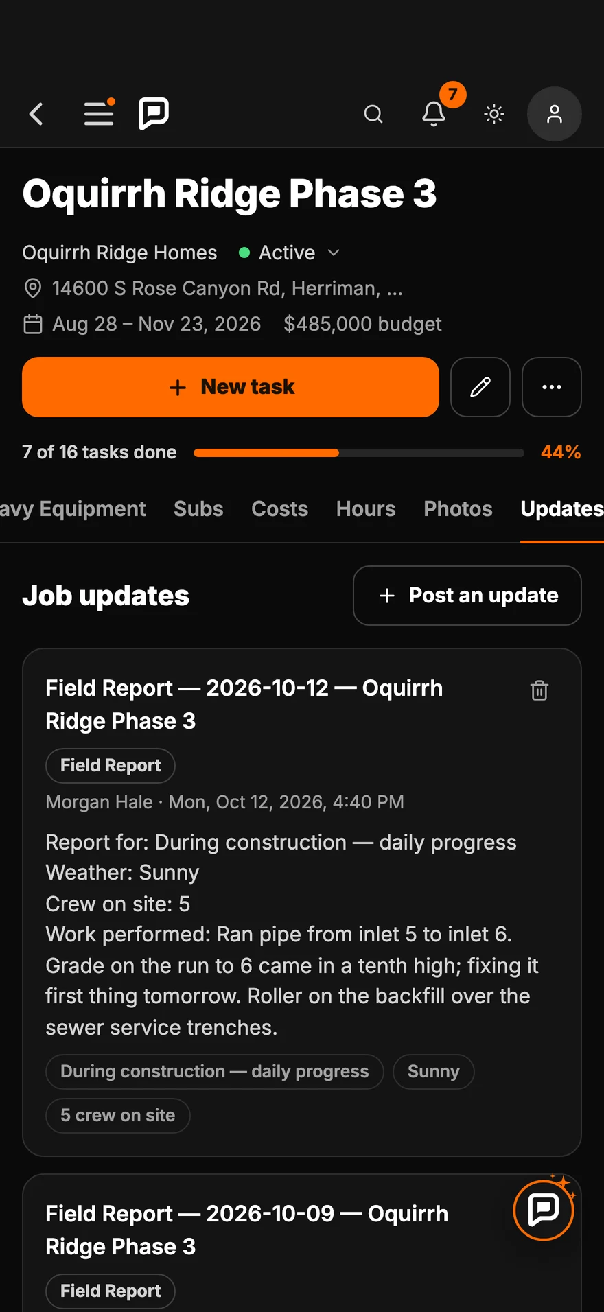 A job's updates and field reports in Parli on a phone