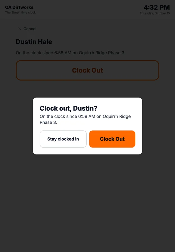 Parli's shop tablet asking to confirm a clock-out