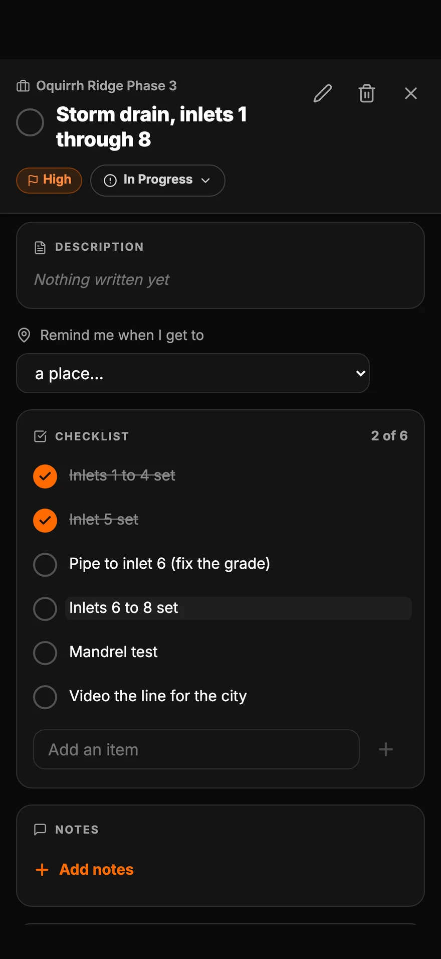 A task checklist, two of six done