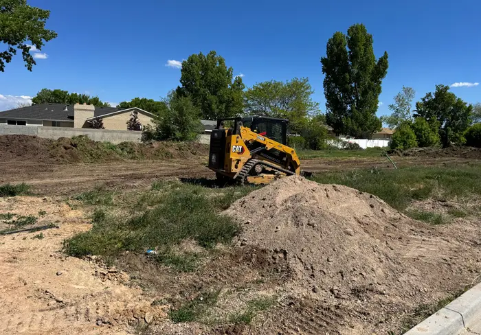A yellow CAT compact track loader stripping an overgrown lot behind a dirt pile, tall trees and a block wall behind
