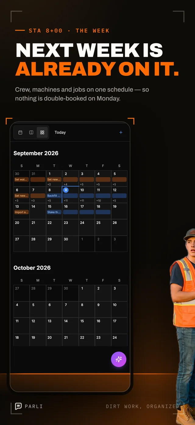 Next week is already on it. Crew, machines and jobs on one schedule, so nothing is double-booked on Monday.
