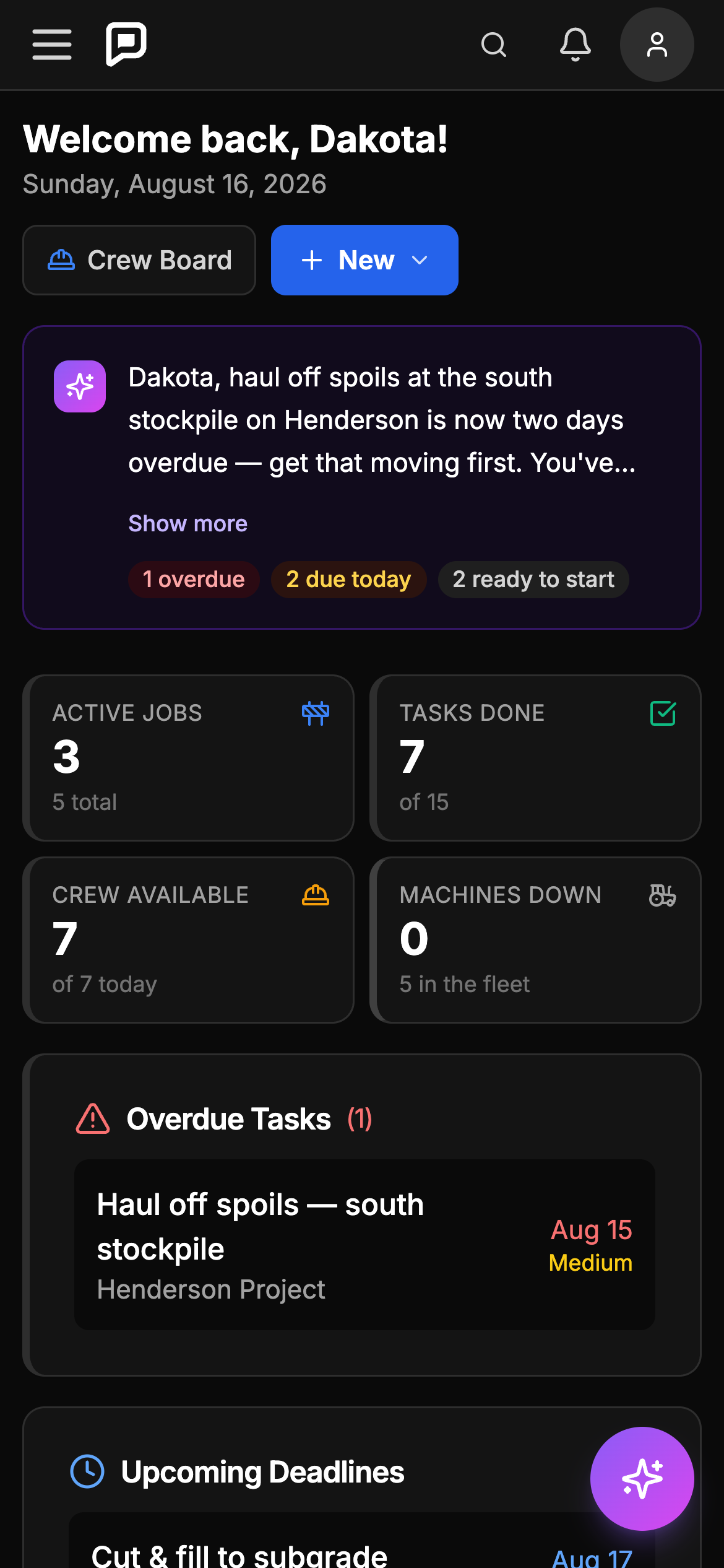 The Parli dashboard on a phone: AI digest, jobs, tasks, crew, overdue and upcoming